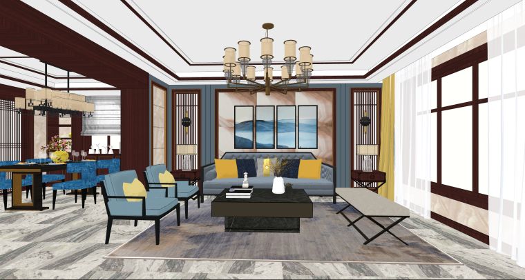 su沙发新中式资料下载-新中式风格客餐厅空间SU模型设计
