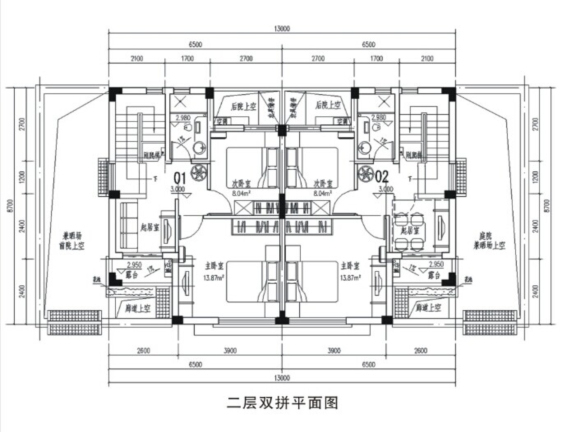 [河北省]农村双拼别墅首层主体结构工程-二层双拼平面图