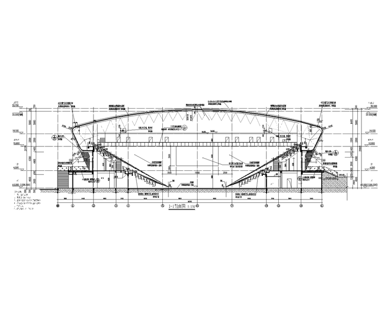 2层体育馆建筑结构幕墙图纸(管桁架屋盖)-体育馆建筑剖面图