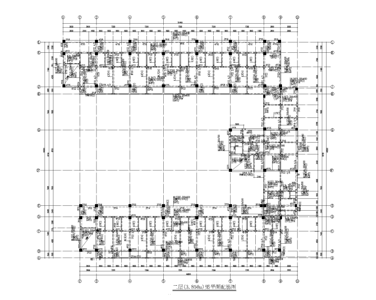 5层框架结构学校宿舍楼建筑结构施工图2019-二层(3.850m)梁平面配筋图