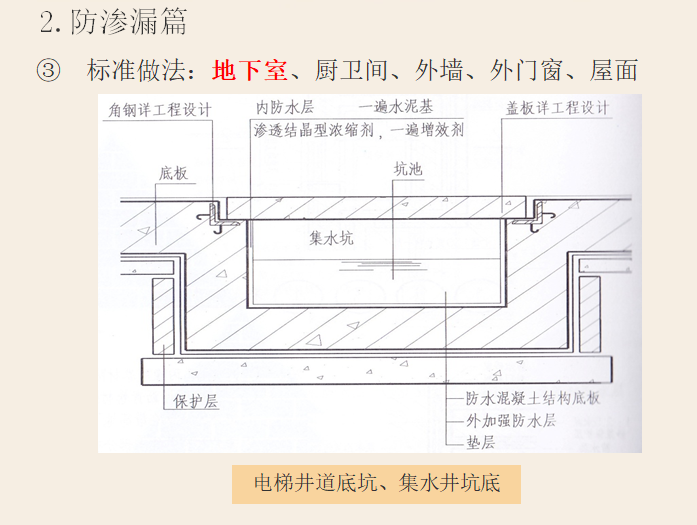 房建工程防渗漏标准做法(153页，图文并茂)-电梯井道底坑、集水井坑底