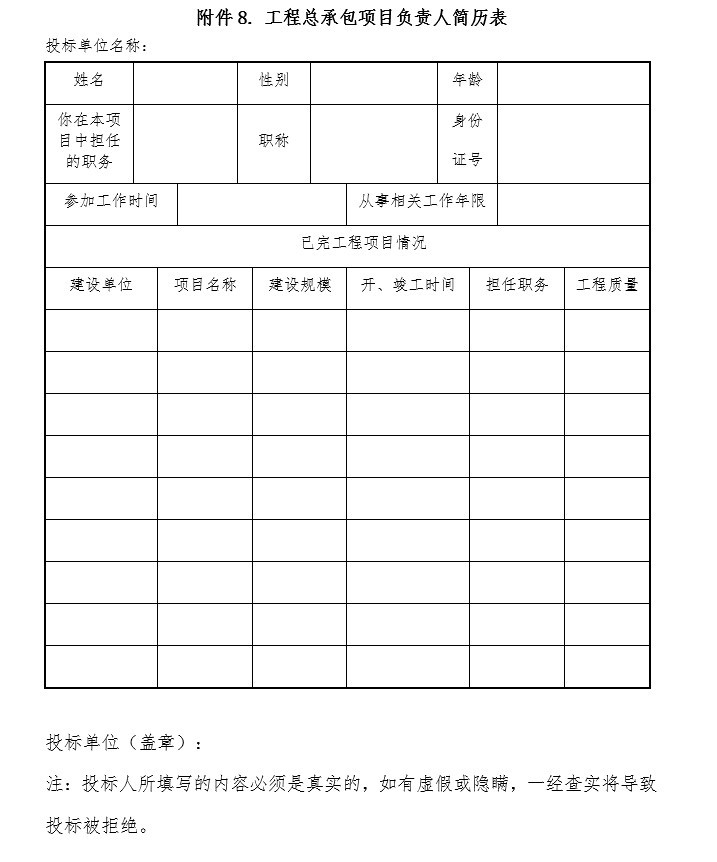 大荒庄村庄改造项目总承包招标文件-7、工程总承包项目负责人简历表