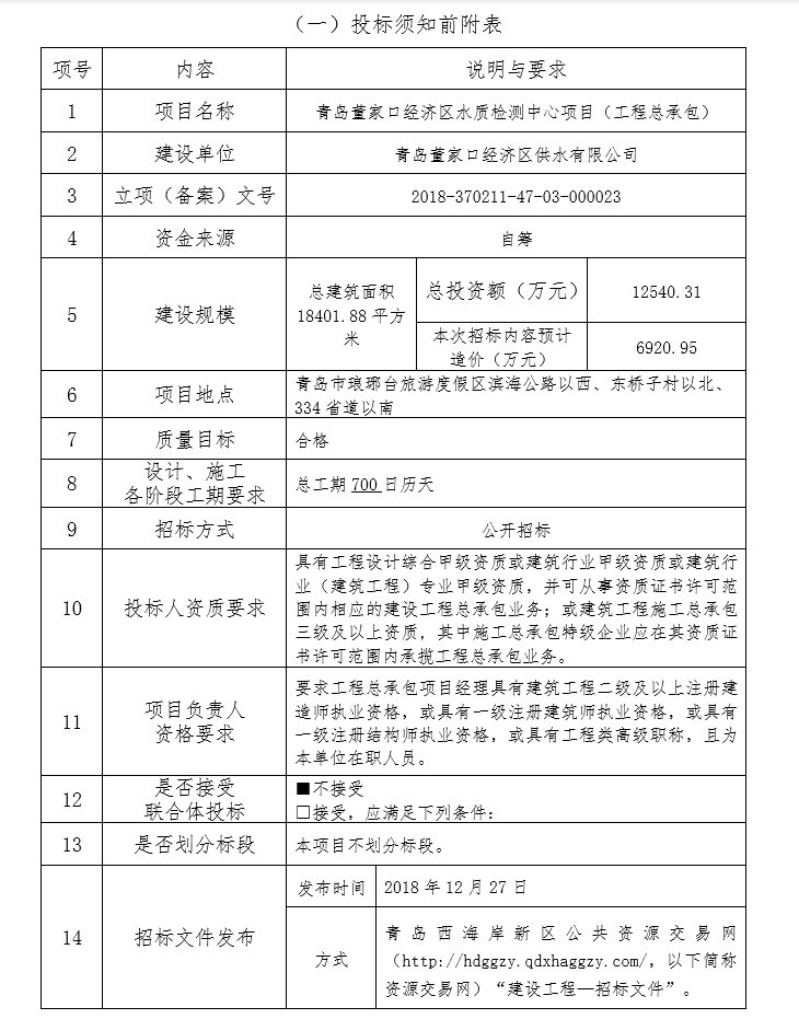 水质检测中心项目EPC招标文件-1、投标须知前附表