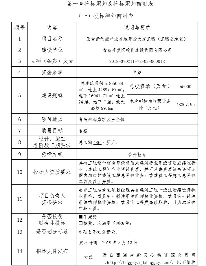 开投大厦（工程总承包）招标文件-5、投标须知及投标须知前附表