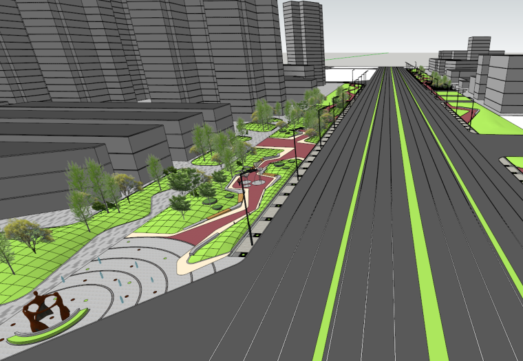 综合公园设计su资料下载-沿街公园su草图大师模型设计