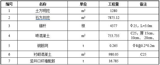 工艺竖井开挖支护施工技术方案（清楚明了）-主要工程量表