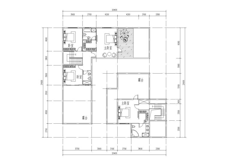 知名地产双拼合院别墅CAD户型设计图-双拼合院别墅户型二层平面图