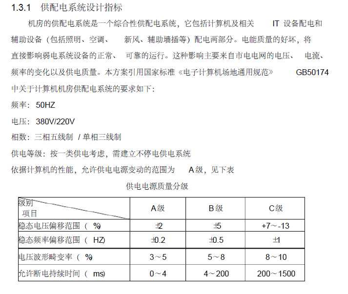 数据中心机房电气设计方案模板-供配电系统设计指标