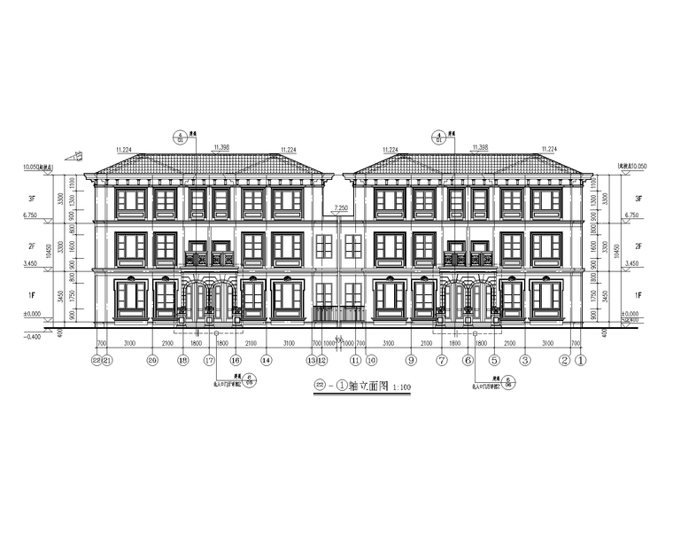 [青岛]3层异形柱框架结构别墅群建筑结构图-24#~26#别墅建筑立面图