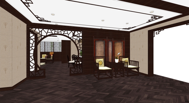 su模型餐厅空间资料下载-中式风格样板间客餐厅空间SU模型设计