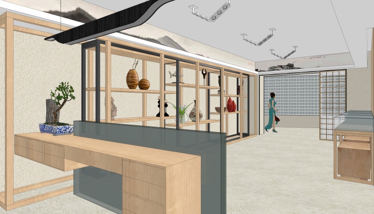 新中式风格珠宝展厅su模型设计
