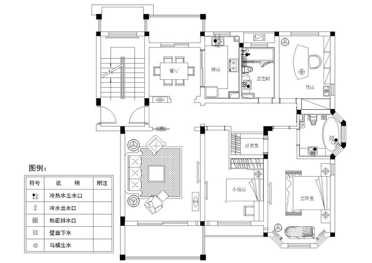 [浙江]当代华府悦庭10#楼1单元样板间施工图-悦庭10-1-201室给排水点位图