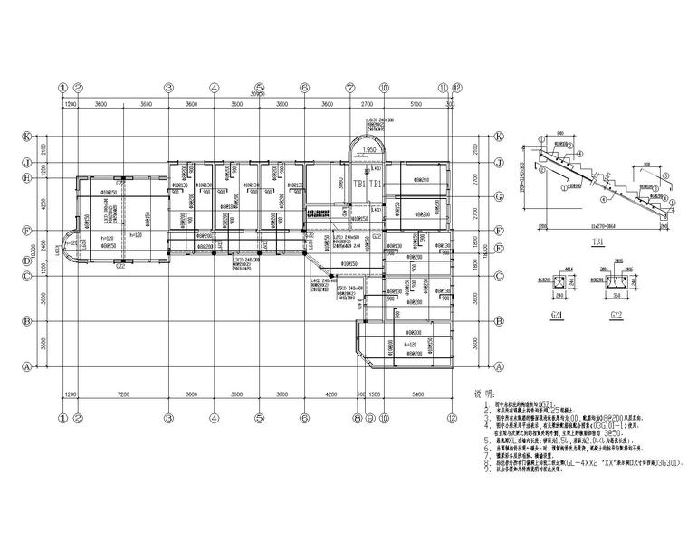 一套完整办公区各类结构施工图（CAD）-4结构平面布置图