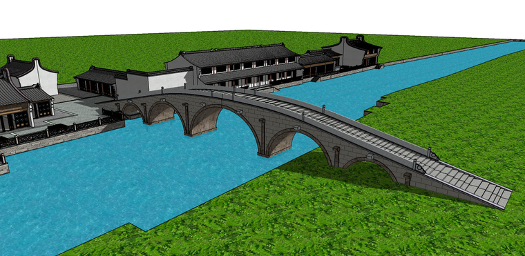 中式内坡街道建筑模型设计资料下载-中式街道景观桥su模型