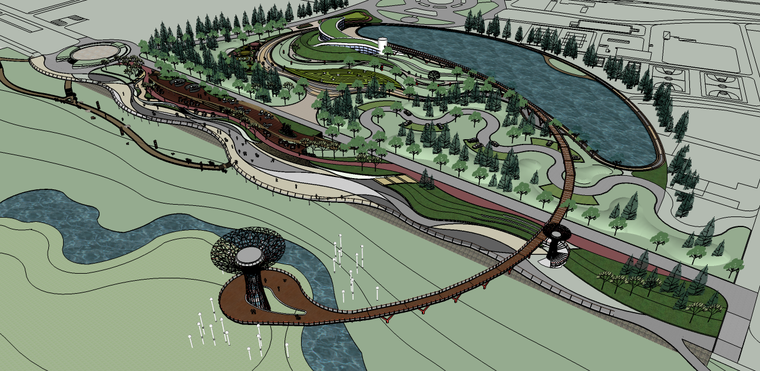su别墅绿化景观资料下载-大型城市河滨景观绿化su模型