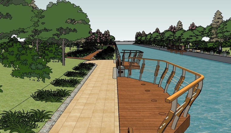 沿河道滨水休闲景观su模型