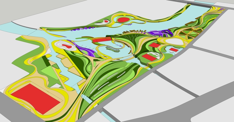 su景观模型公园资料下载-曲线花海滨水公园景观su模型