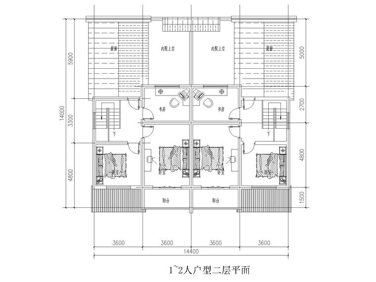 大圩镇新农村徽派别墅图纸 CAD-1~2人户型二层平面图