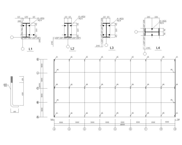 24米双跨钢结构厂房结构施工图（CAD）-预埋螺栓布置分布详图