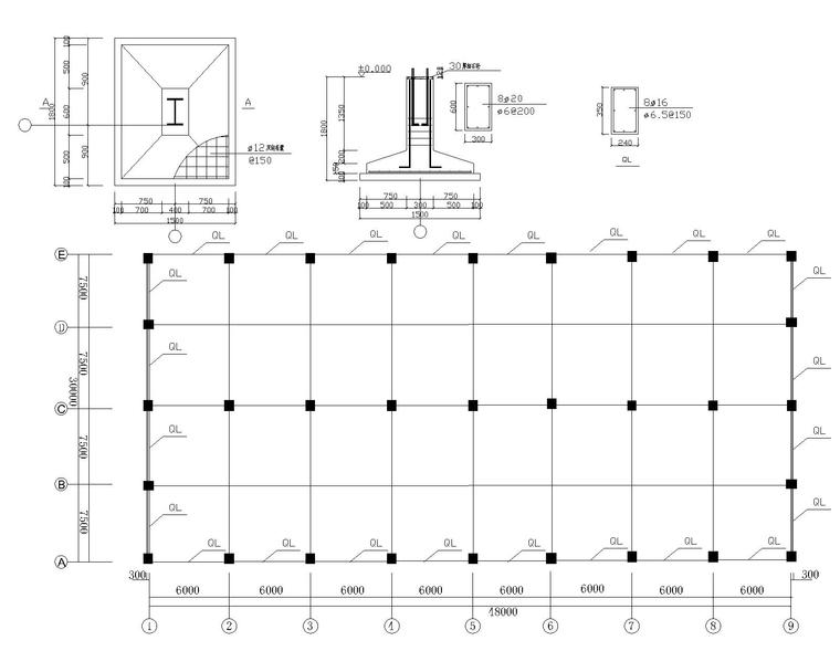 24米双跨钢结构厂房结构施工图（CAD）-基础布置图