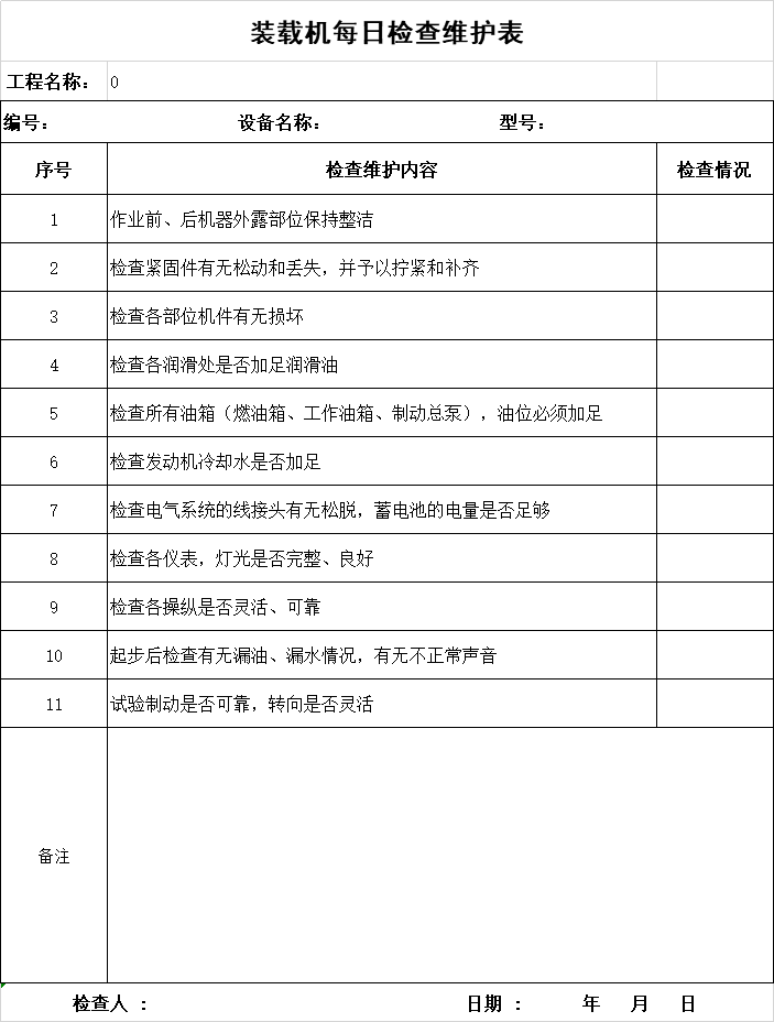 各种设备维保资料-装载机每日检查维护表