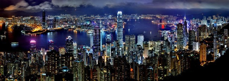 香港, 天际线, 夜, 亚洲建筑, 摩天楼, 中国, 市中心, 全景图, 海港