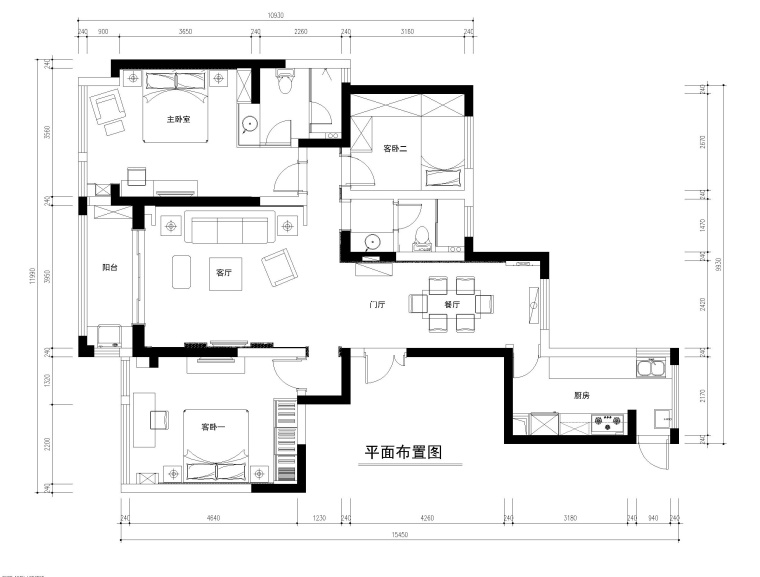 大面积住宅平层图资料下载-常熟145平三居室公寓装修施工图+效果图