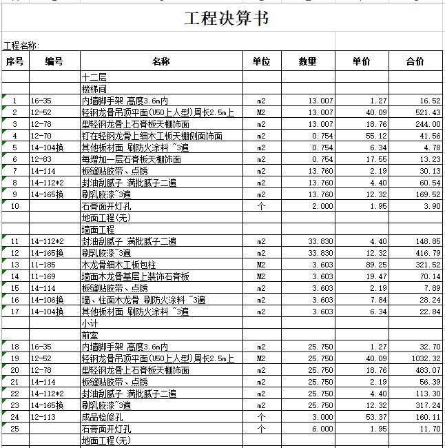 装饰装修工程结算书表格(xls格式)-2、 工程决算书