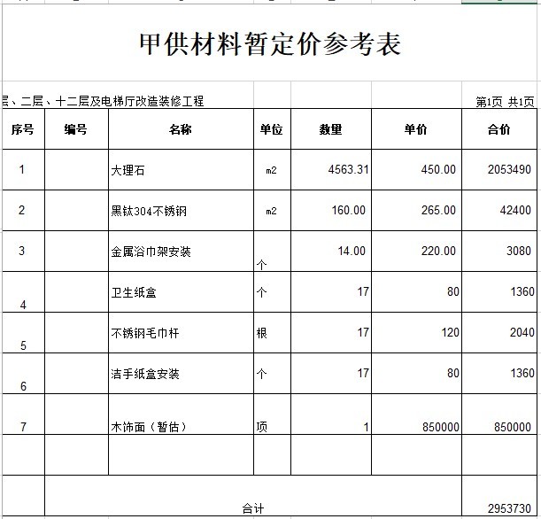 装饰装修工程结算书表格(xls格式)-4、甲供材料暂定价参考表