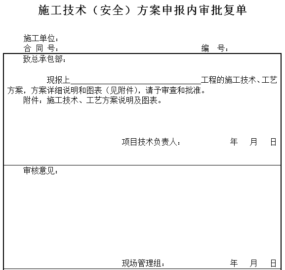 总承包部施工技术方案管理办法-施工技术（安全）方案申报内审批复单