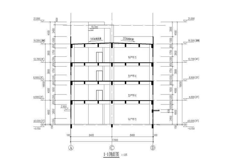 多层框剪结构厂房建筑全套施工图设计-1-1剖面图