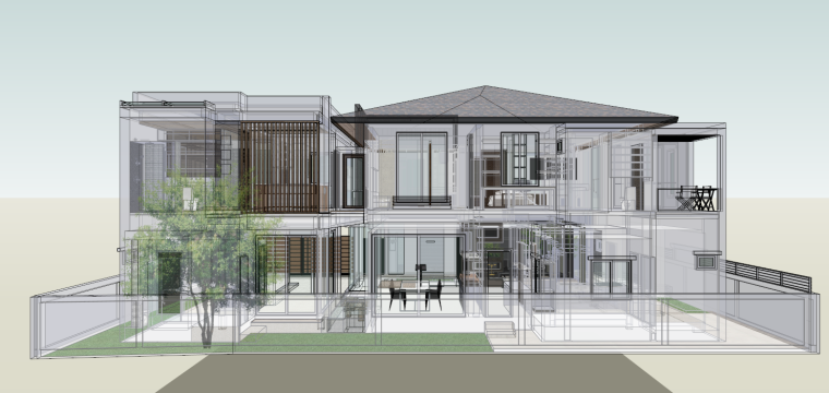 中式别墅住宅模型资料下载-新中式自建别墅家居生态住宅空间SU模型