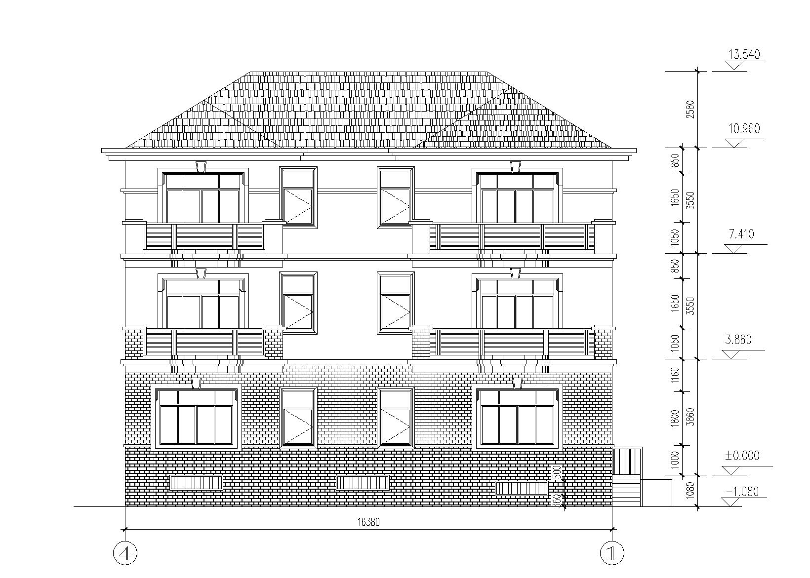坡屋顶3层独栋别墅建筑施工图 立面图2