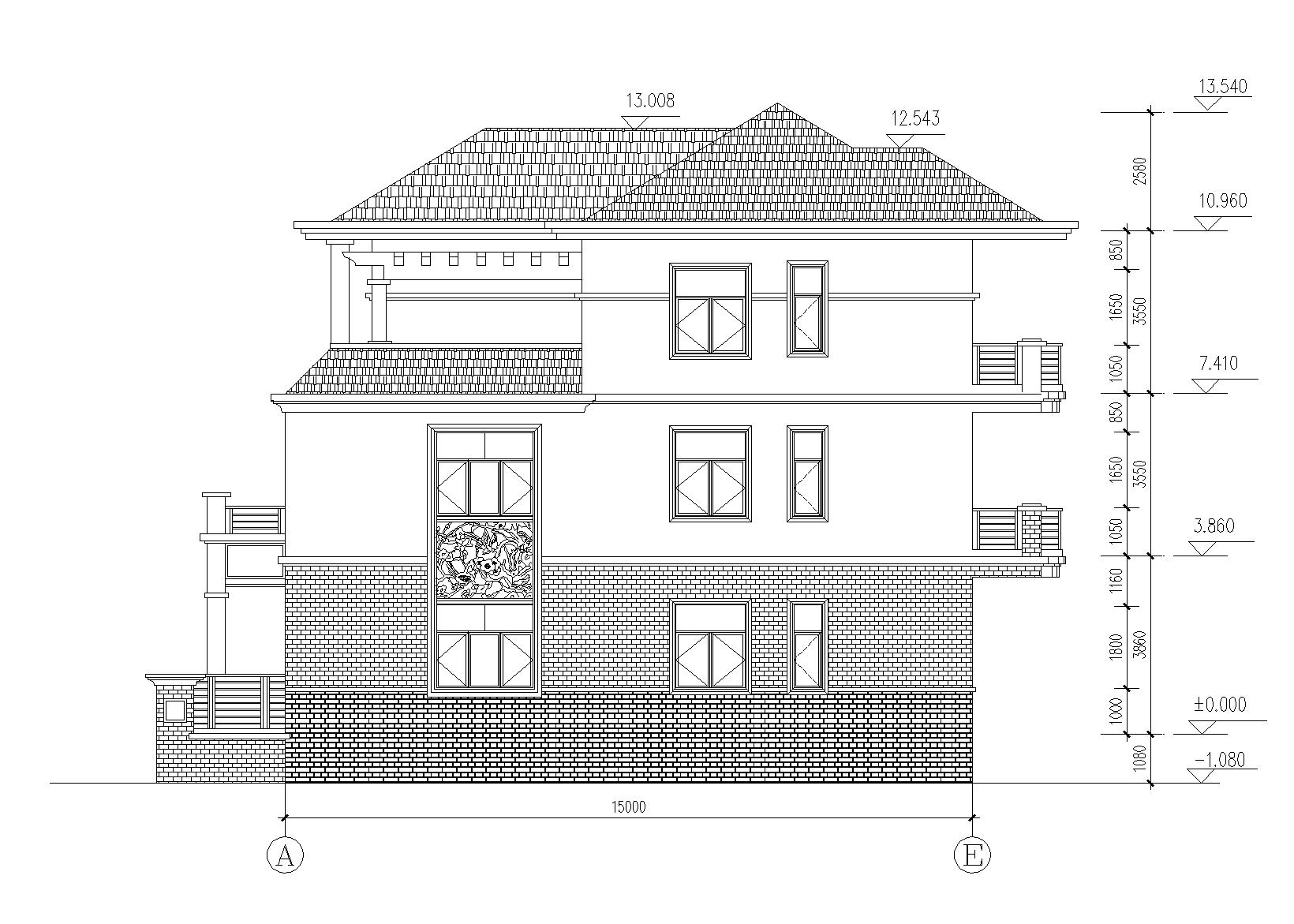 坡屋顶3层独栋别墅建筑施工图 立面图3