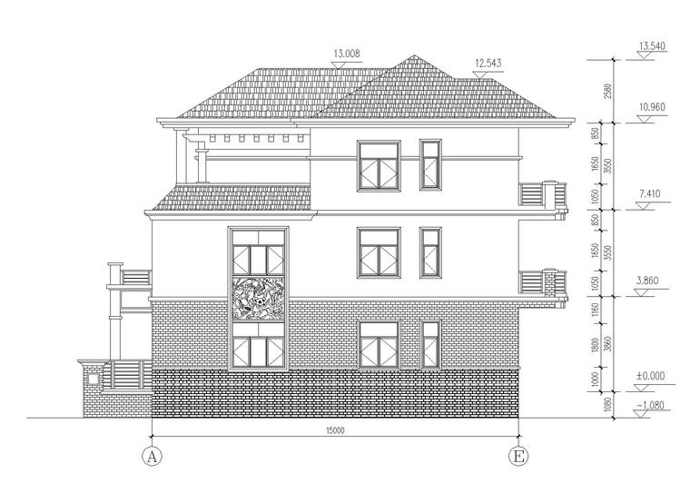 坡屋顶3层独栋别墅建筑施工图 立面图3