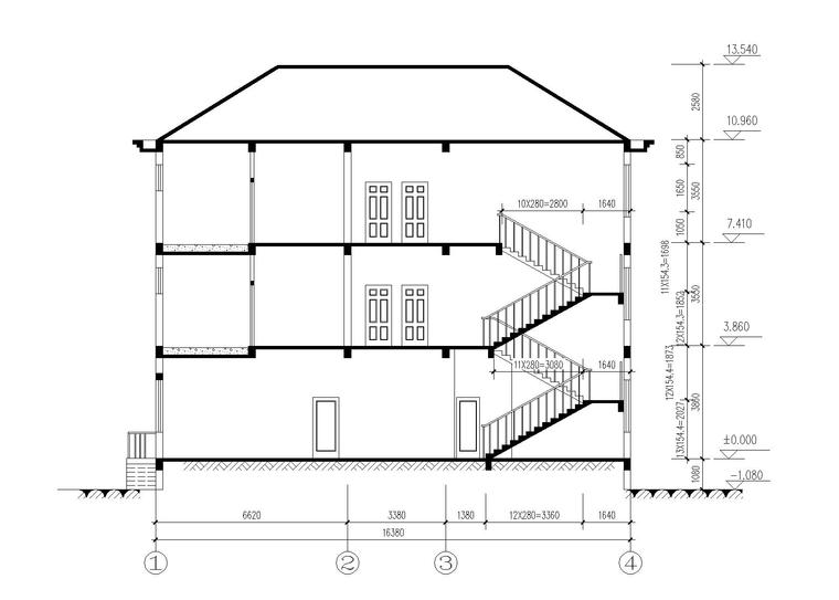 坡屋顶3层独栋别墅建筑施工图 1-1剖面图