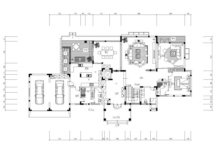 豪华别墅室内设计装饰设计施工图+效果图-一层平面布置图