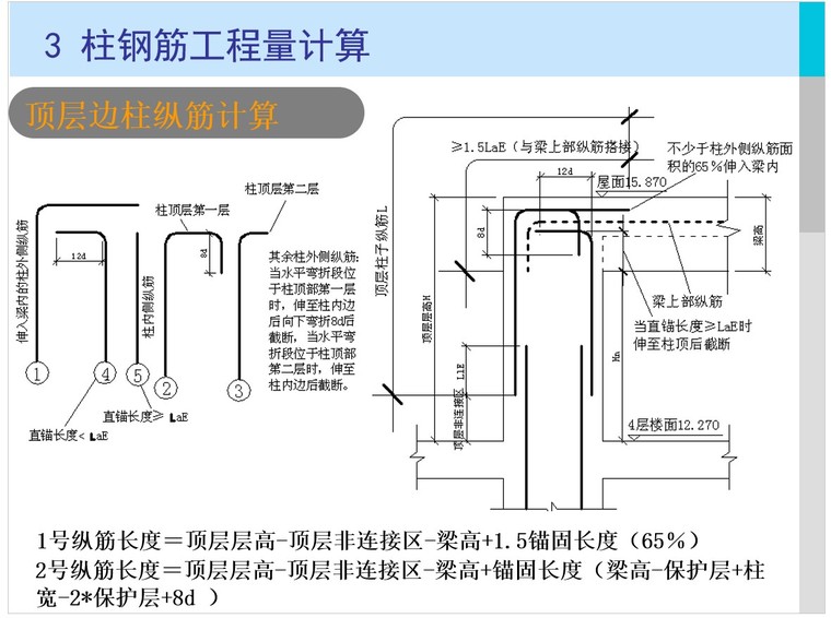 钢筋工程量计算-梁板柱（共135页）-6、顶层边柱纵筋计算