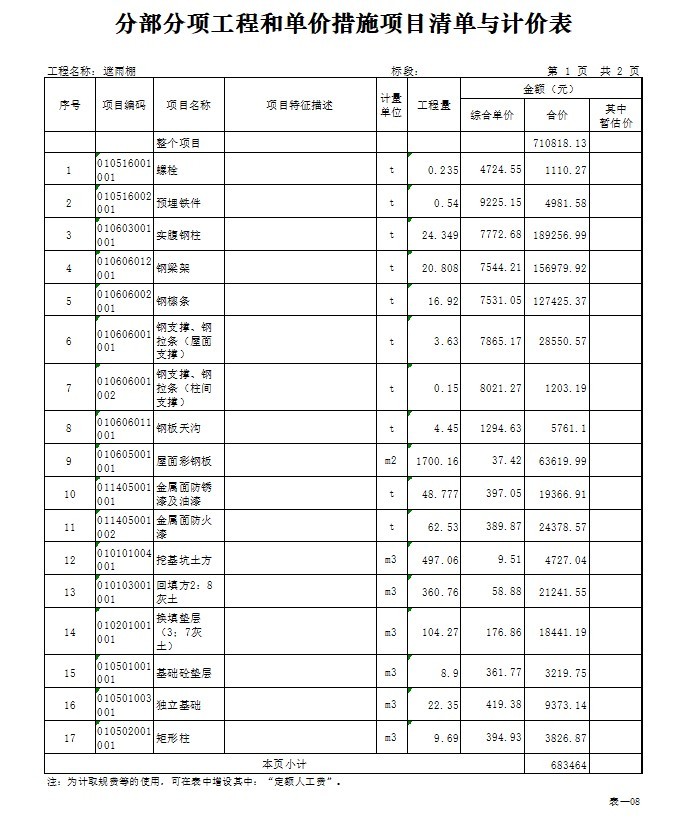 地方粮食战略储备库钢结构安装工程结算书-3、清单与计价表