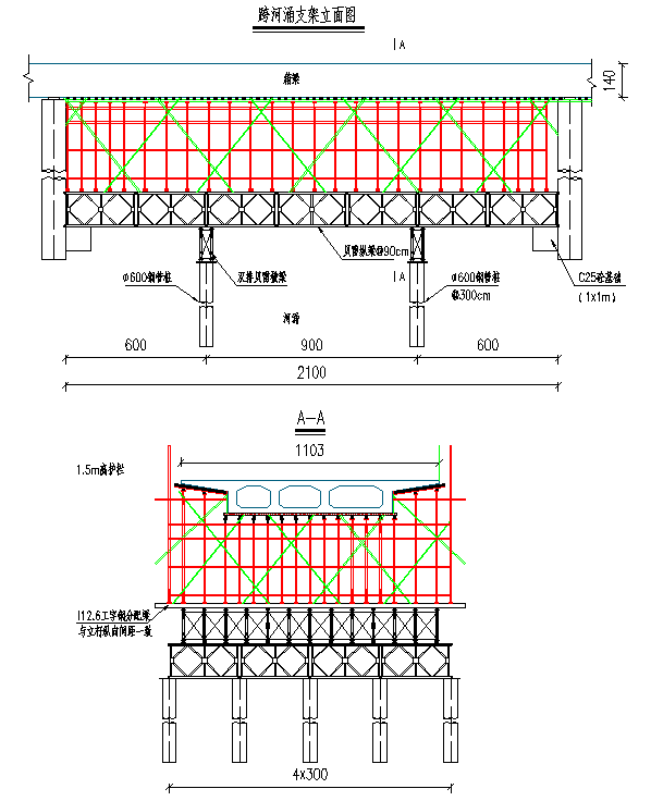 桥梁现浇箱梁高支模安全专项施工方案-跨河涌支架图