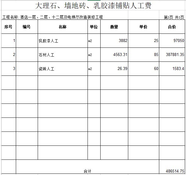 酒店装饰装修工程结算书(xls格式)-5、大理石、墙地砖、乳胶漆铺贴人工费