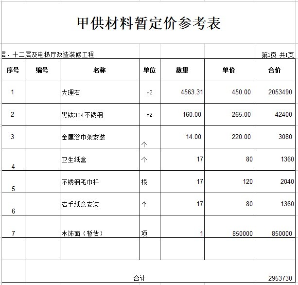 酒店装饰装修工程结算书(xls格式)-6、甲供材料暂定价参考表