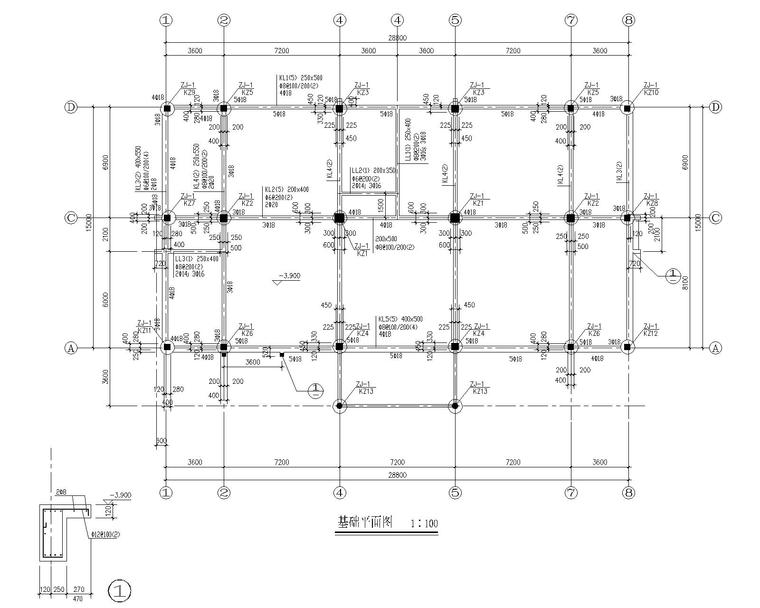 四层办公楼混凝土结构施工图（CAD含建筑）-基础布置图