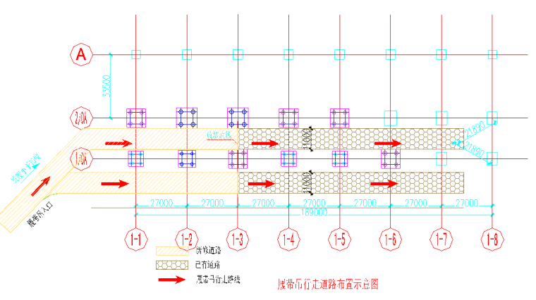 大型火车站地下部分钢结构施工方案-履带吊行走道路布置示意图