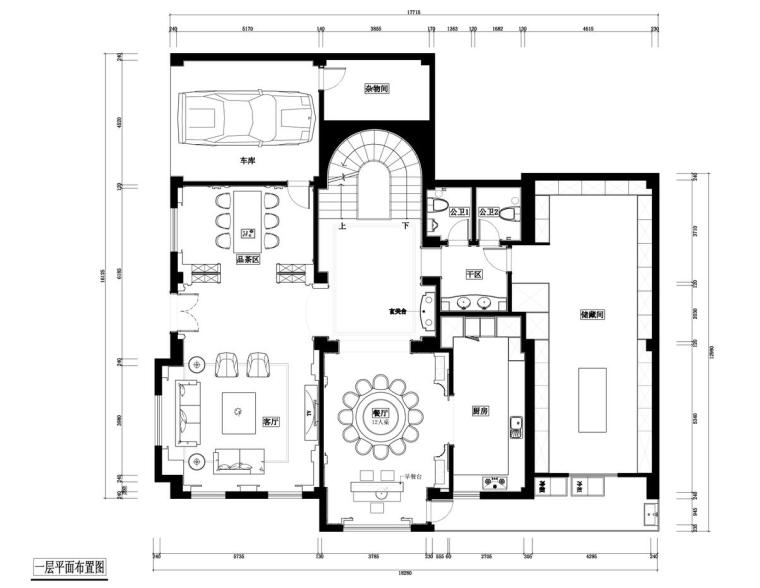 居住主题公园家装设计完整施工图+效果图-一层平面布置图