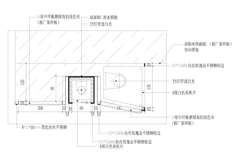 室内墙面挂板资料下载-室内墙面收边，材料拼接节点剖面详图