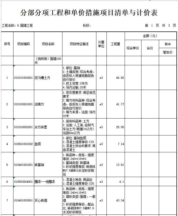 云南省学校项目工程量清单资料下载-学校围墙工程招标工程量清单