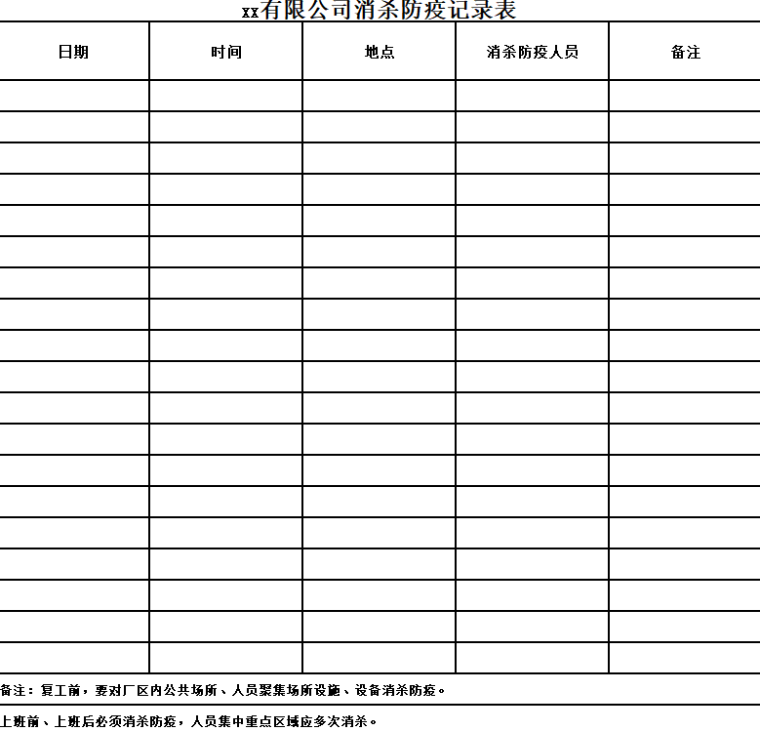 2020年复工复产疫情防控全套表格（38套）-复工复产疫情防控全套表格-消杀防疫记录表