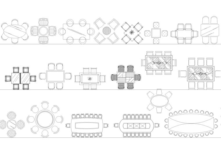 室内欧式平面CAD图块-成套餐桌图块