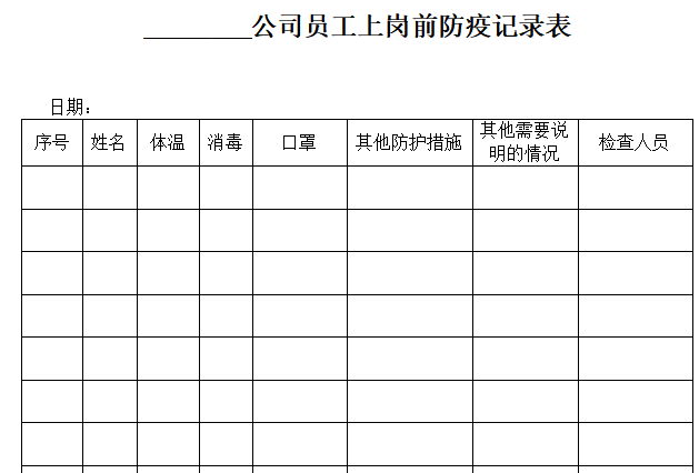 特种作业人员操作证登记表资料下载-复工前登记表及上岗防疫登记表